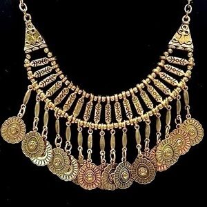 Boho Gypsy coins necklace in gold tone metal and rhine stones
